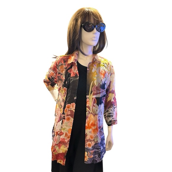 Chico's Multi-Color Size 1 Floral 100% Sheer Silk Open Jacket NWOT - Picture 3 of 5